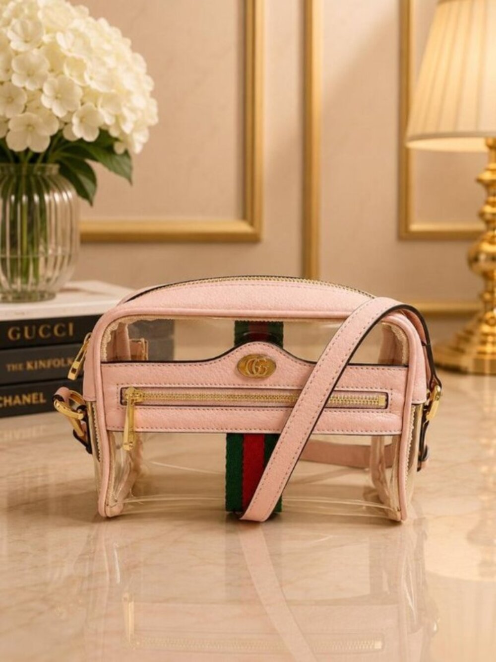 Authentic Gucci Ophidia Clear PVC Crossbody Shoulder Bag Pink Leather